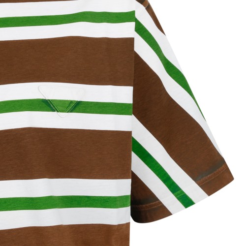 Prada Brown and Green Striped Cotton T-Shirt.