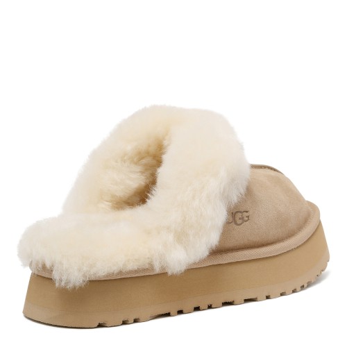 UGG Sand Suede Platform Slippers with Shearling Trim. 