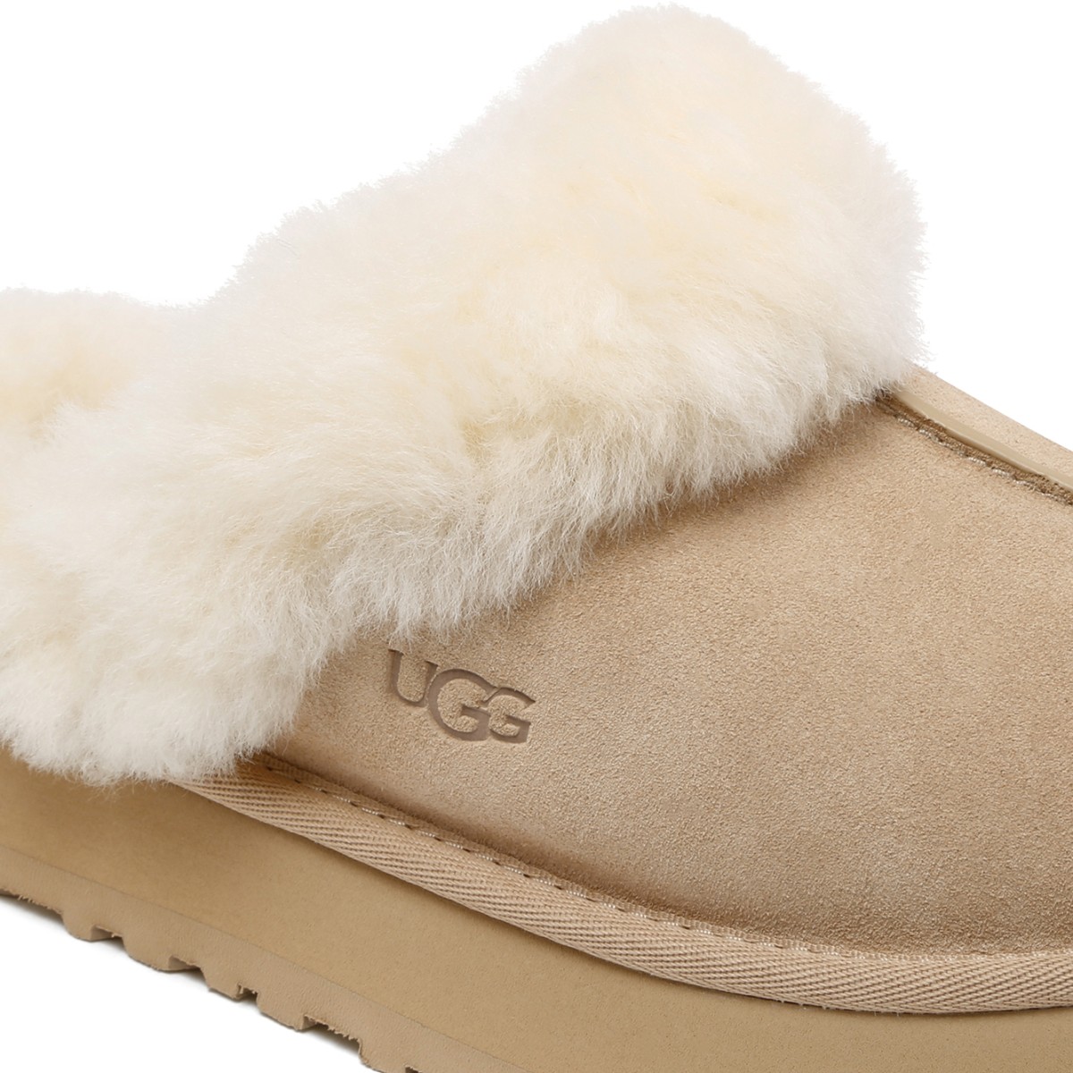 UGG Sand Suede Platform Slippers with Shearling Trim. 
