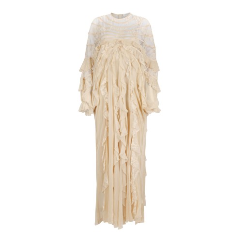 Cream Ruffled Textured Maxi Dress.