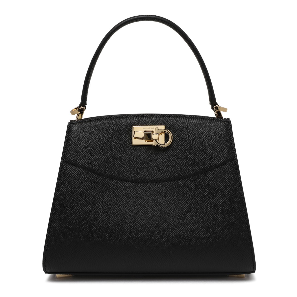 Ferragamo Black Leather Top Handle Bag with Gancini Closure.