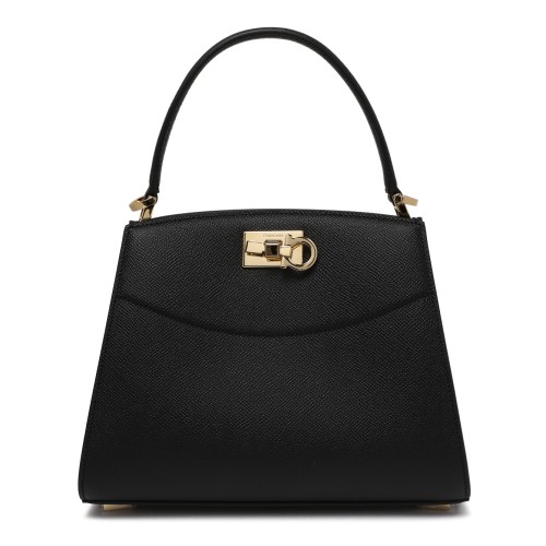 Ferragamo Black Leather Top Handle Bag with Gancini Closure.