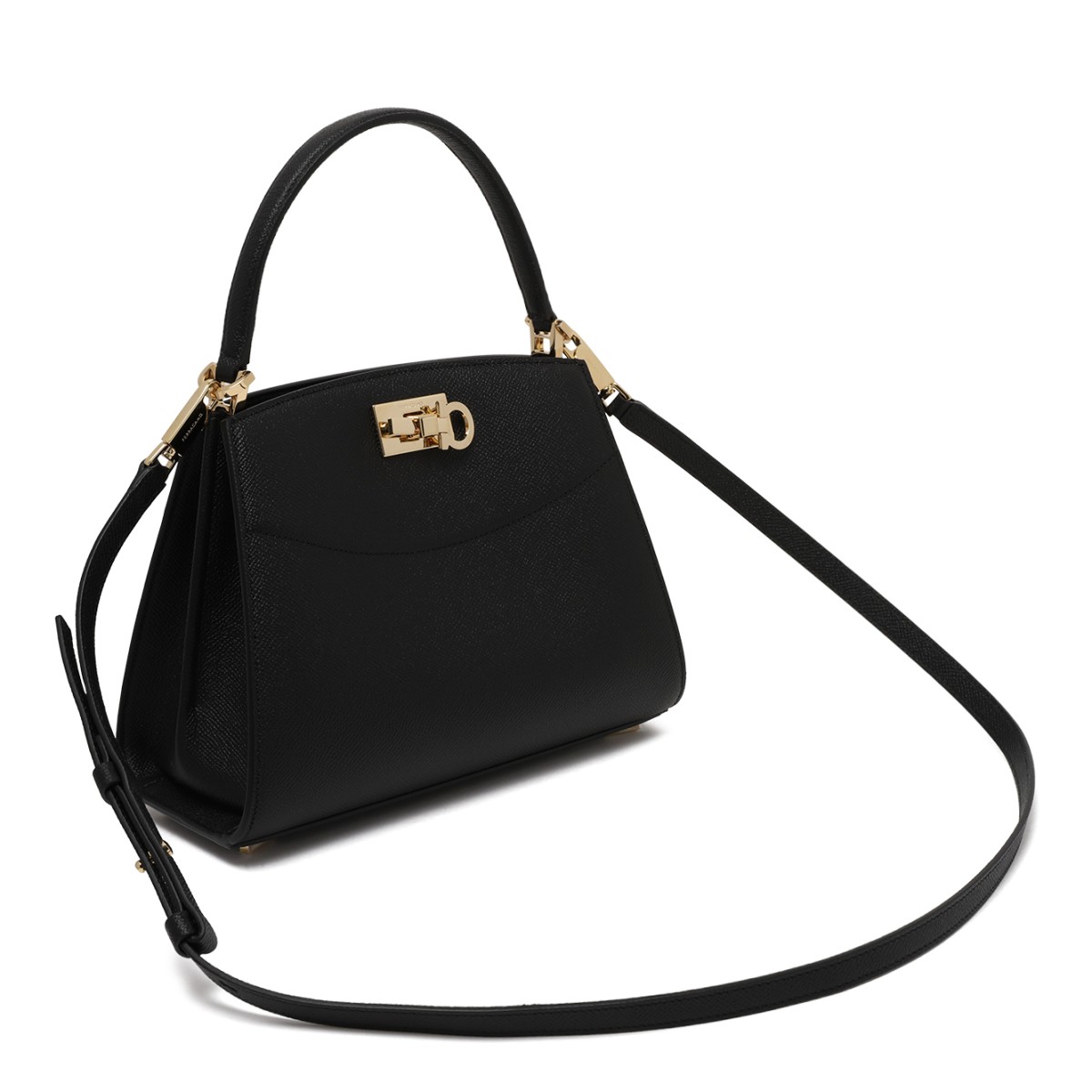 Ferragamo Black Leather Top Handle Bag with Gancini Closure.