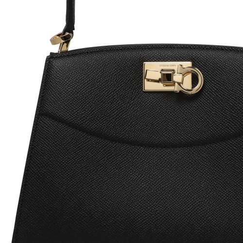 Ferragamo Black Leather Top Handle Bag with Gancini Closure.