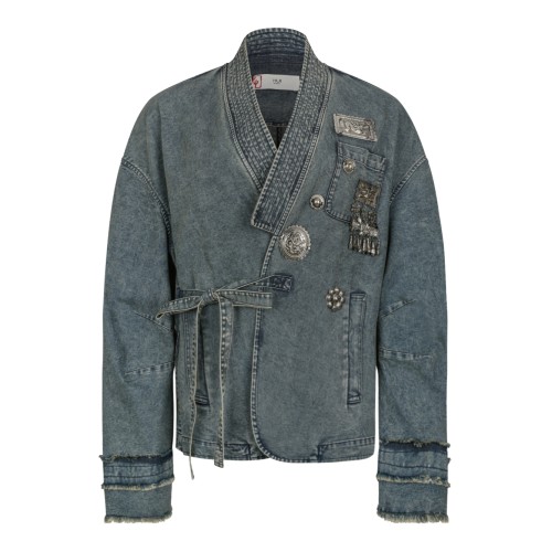 Hui Milano Blue Denim Embellished Wrap Jacket.