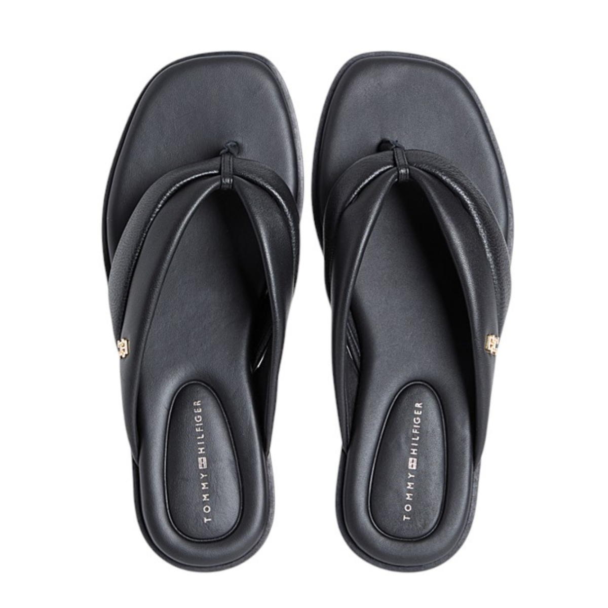 Tommy Hilfiger Black Leather Flip-Flop Sandals.