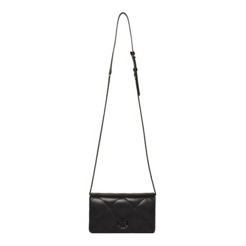 Tory Burch Black Kira Diamond Quilt Powder Coated Chain Wallet.