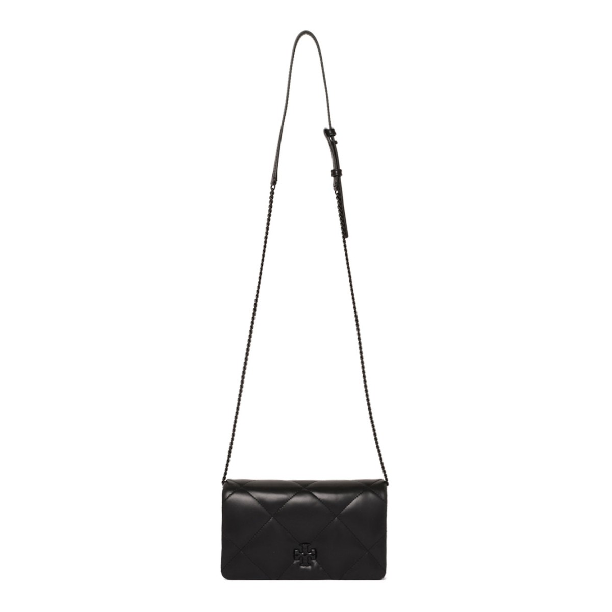 Tory Burch Black Kira Diamond Quilt Powder Coated Chain Wallet.