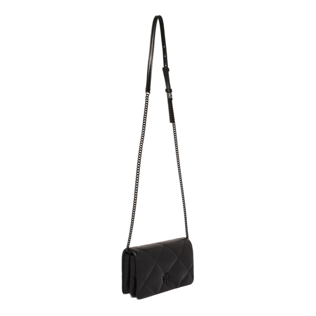 Tory Burch Black Kira Diamond Quilt Powder Coated Chain Wallet.