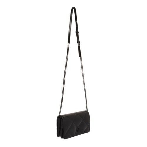 Tory Burch Black Kira Diamond Quilt Powder Coated Chain Wallet.