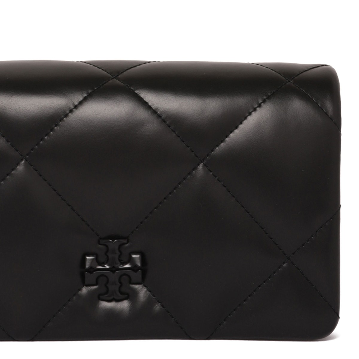 Tory Burch Black Kira Diamond Quilt Powder Coated Chain Wallet.