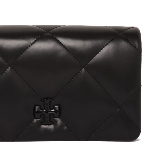 Tory Burch Black Kira Diamond Quilt Powder Coated Chain Wallet.