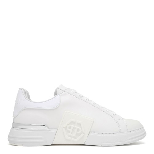 Philipp Plein White Leather Sneakers with Strap Logo Detail.