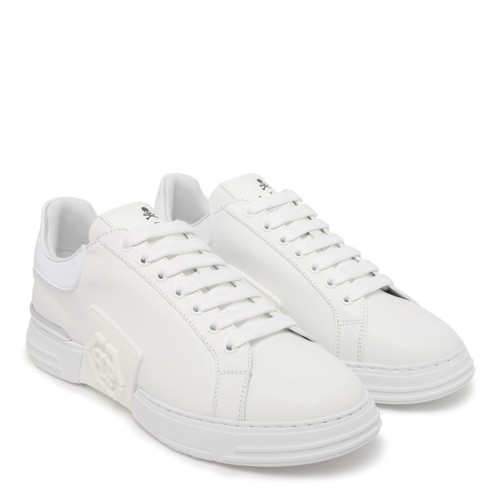 Philipp Plein White Leather Sneakers with Strap Logo Detail.