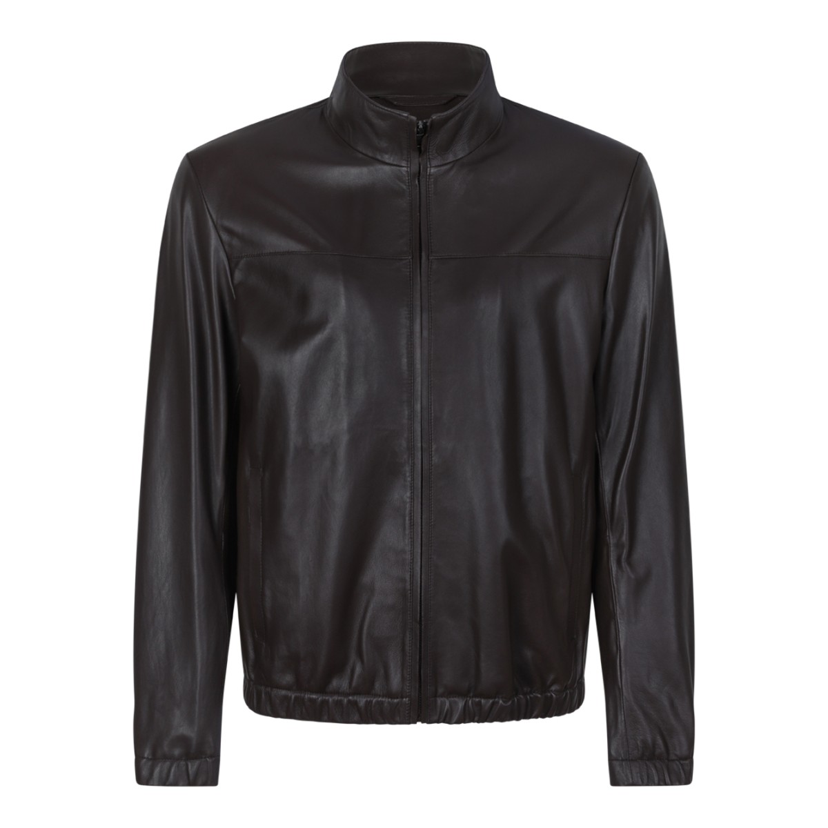 Boss x David Beckham Brown Leather Zip-Up Jacket.