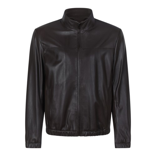 Boss x David Beckham Brown Leather Zip-Up Jacket.