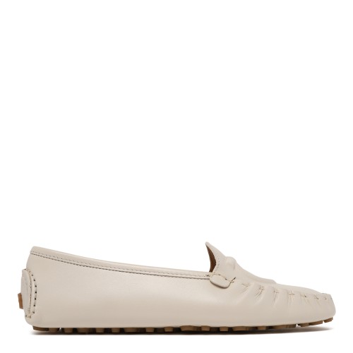 Ferragamo White Leather Gancini Driving Loafers.