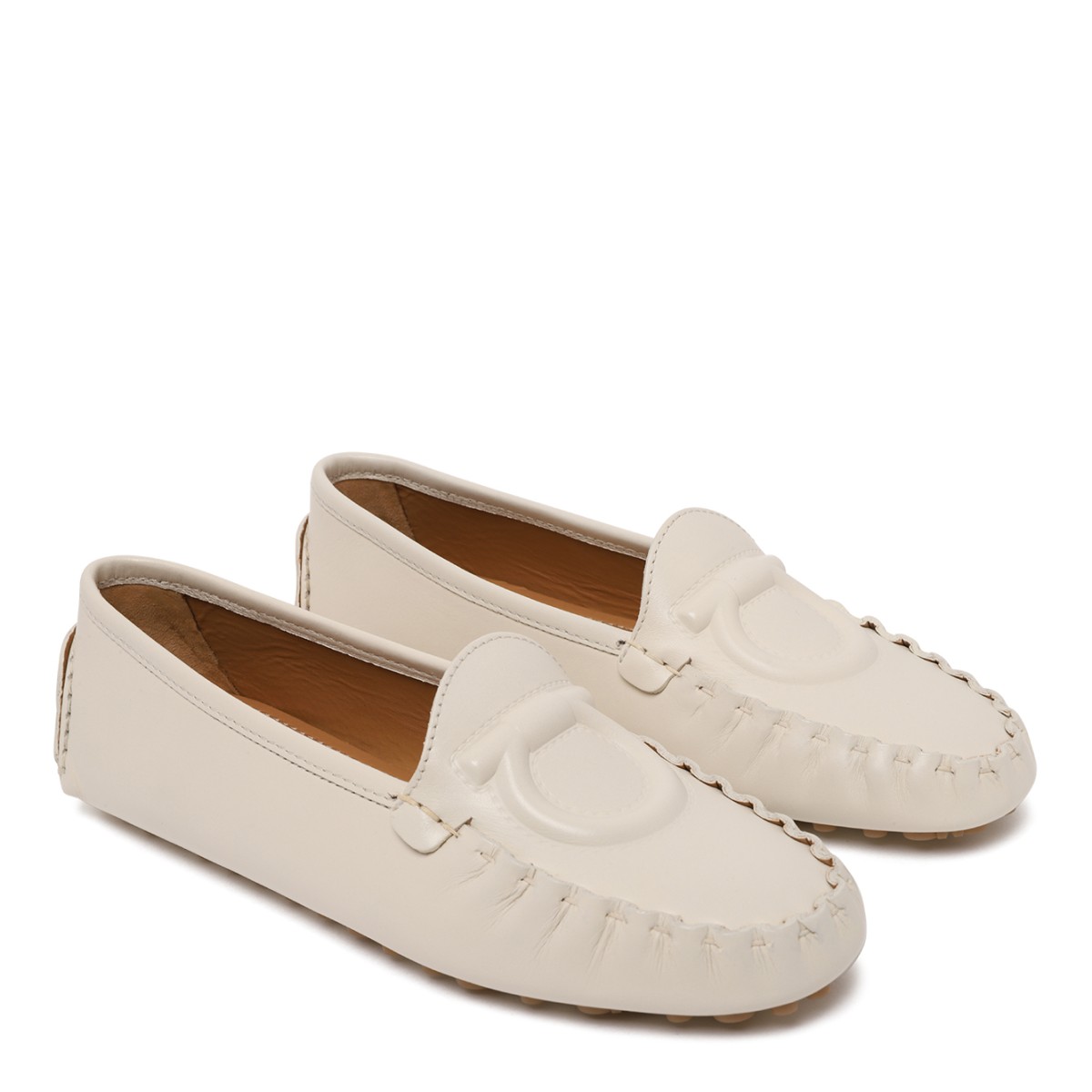 Ferragamo White Leather Gancini Driving Loafers.