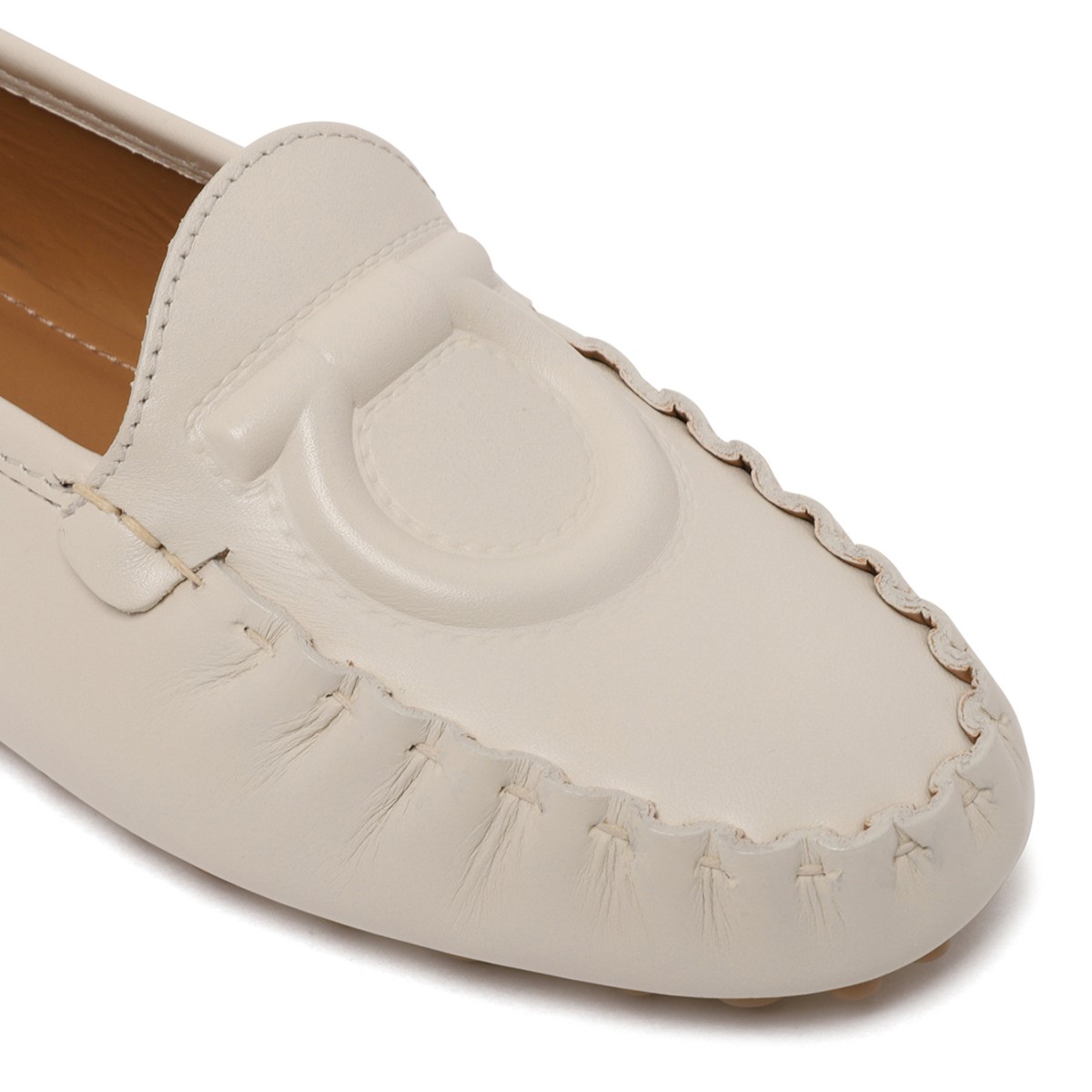Ferragamo White Leather Gancini Driving Loafers.