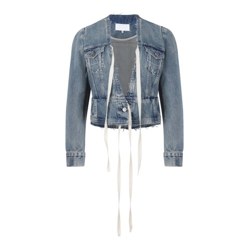Maison Margiela Blue Cropped Denim Jacket with Lace-Up Detail.