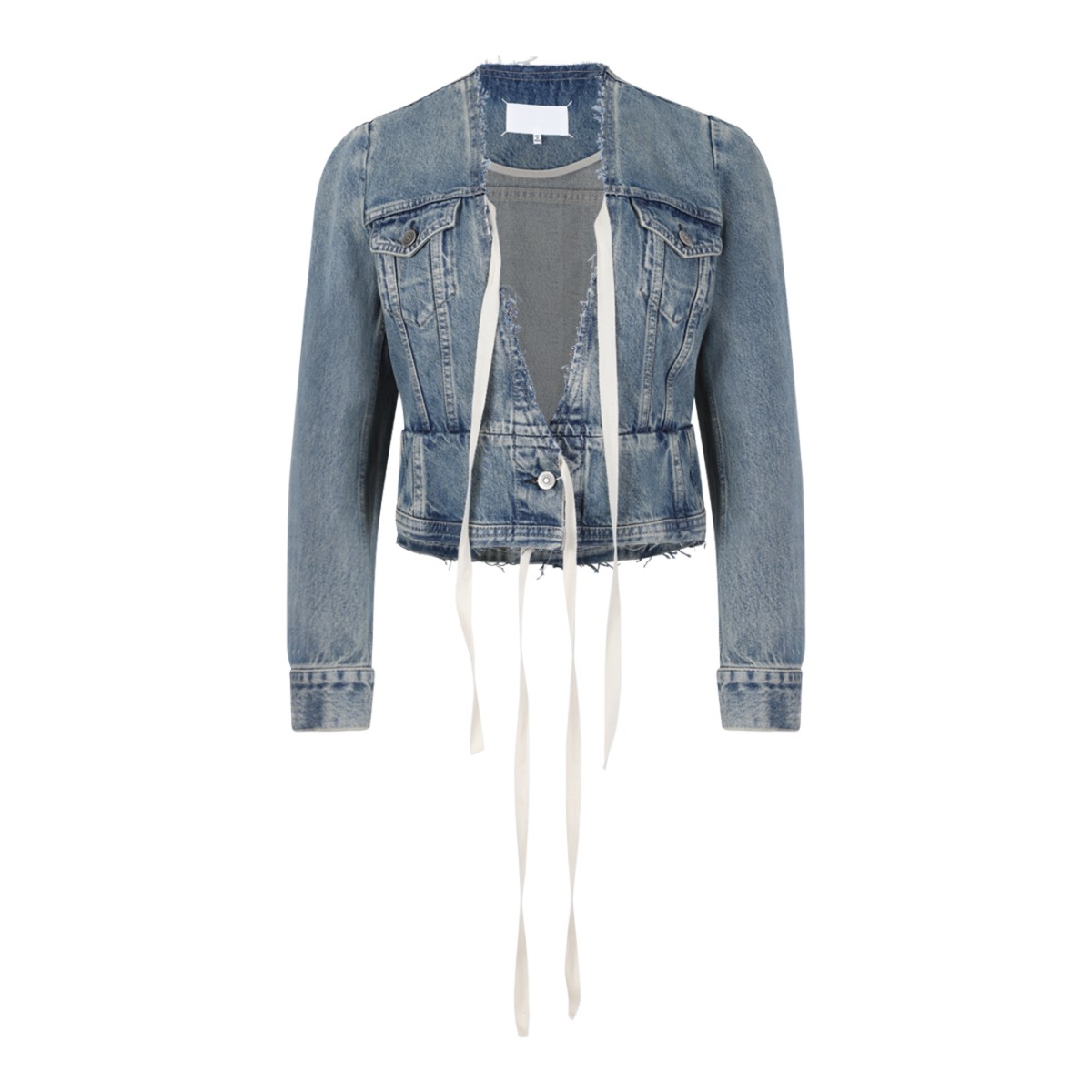 Maison Margiela Blue Cropped Denim Jacket with Lace-Up Detail.