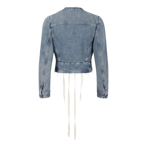 Maison Margiela Blue Cropped Denim Jacket with Lace-Up Detail.
