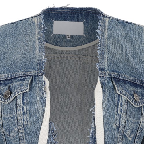 Maison Margiela Blue Cropped Denim Jacket with Lace-Up Detail.