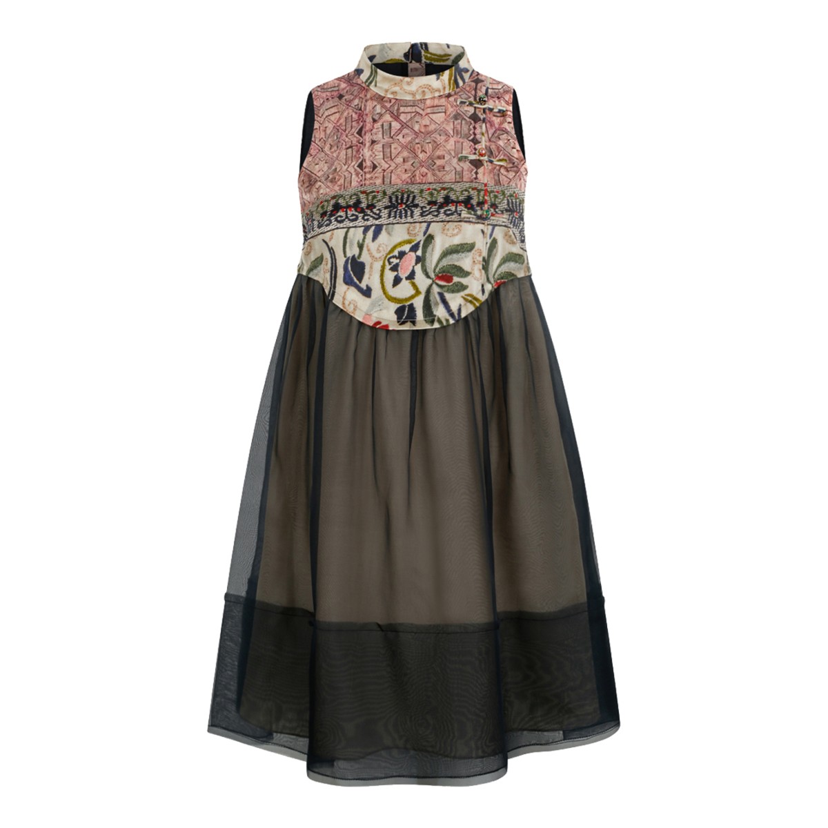 Hui Milano Multicolor Embroidered Sheer Midi Dress.