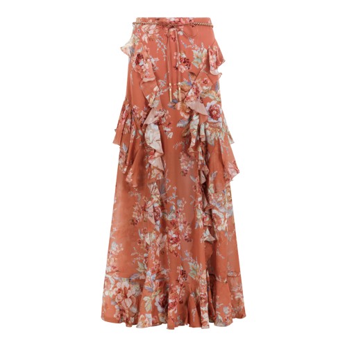 Zimmermann Rust Floral Ruffled Maxi Skirt.