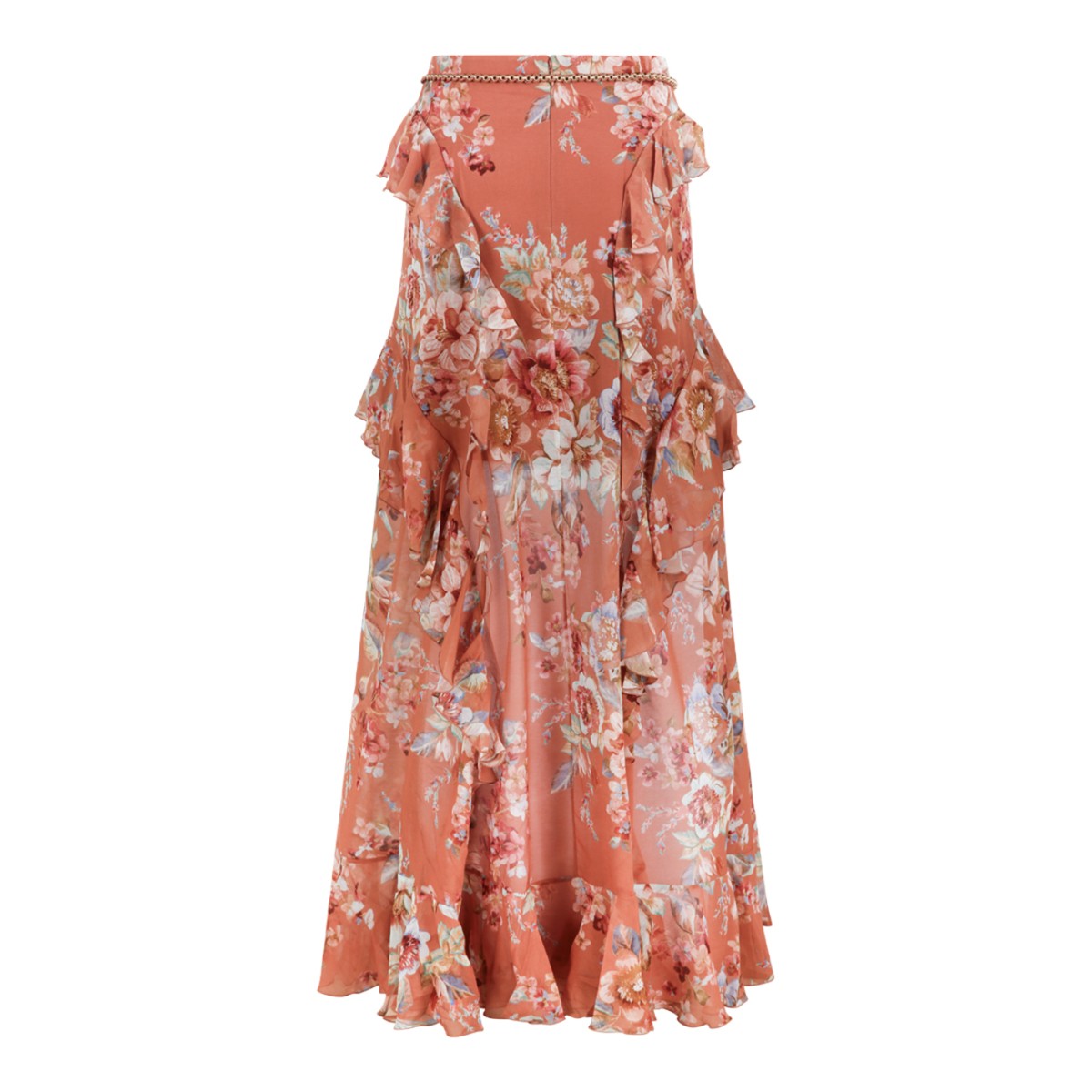Zimmermann Rust Floral Ruffled Maxi Skirt.
