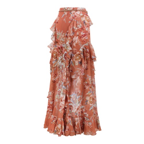 Zimmermann Rust Floral Ruffled Maxi Skirt.