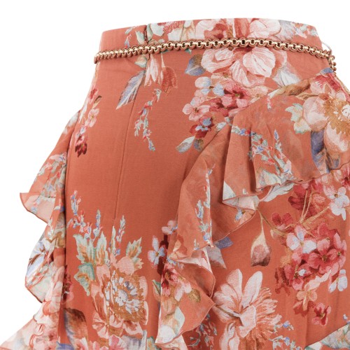 Zimmermann Rust Floral Ruffled Maxi Skirt.