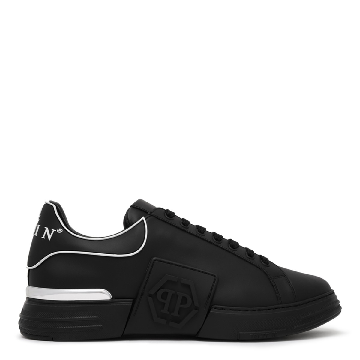 Philipp Plein Black Leather Sneakers with Logo Detail.