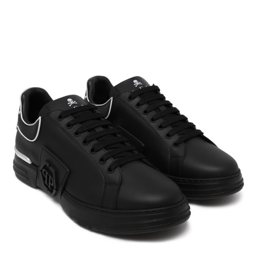 Philipp Plein Black Leather Sneakers with Logo Detail. 2