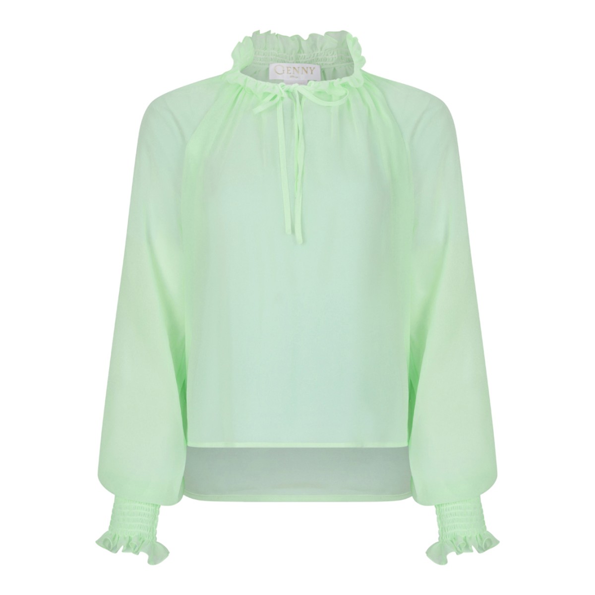 Genny Light Green High-Neck Blouse with Drawstring Detail.