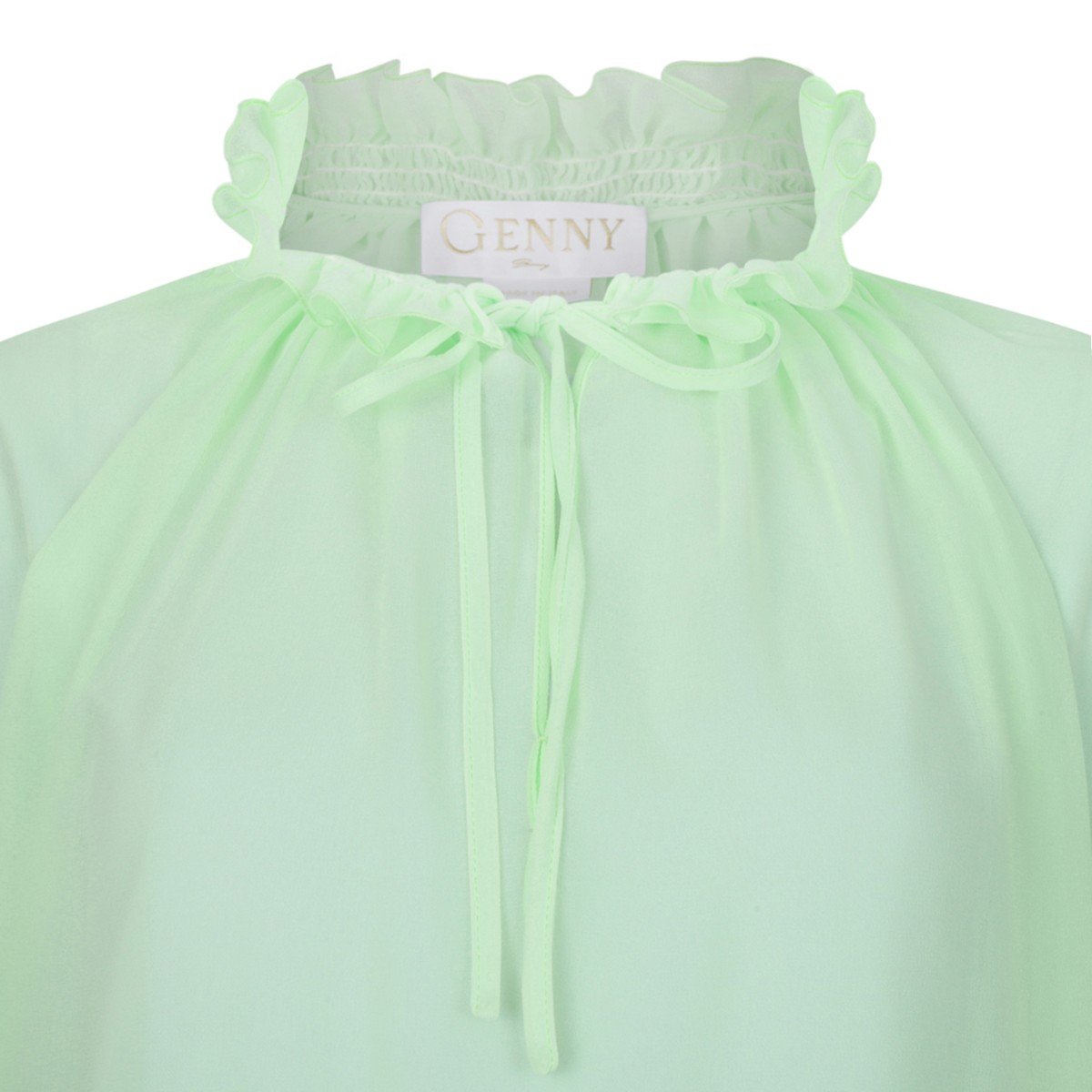 Genny Light Green High-Neck Blouse with Drawstring Detail.