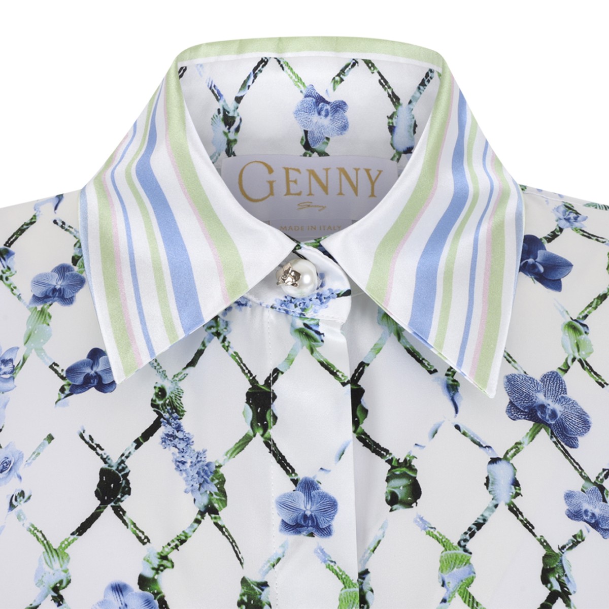 Genny White Floral Printed Silk Shirt.