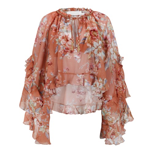 Zimmermann Rust Floral Ruffled Silk Blouse.
