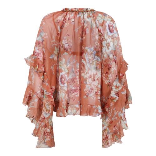 Zimmermann Rust Floral Ruffled Silk Blouse.