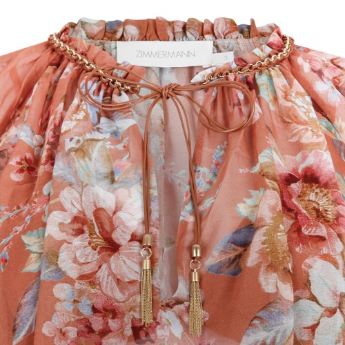 Zimmermann Rust Floral Ruffled Silk Blouse.