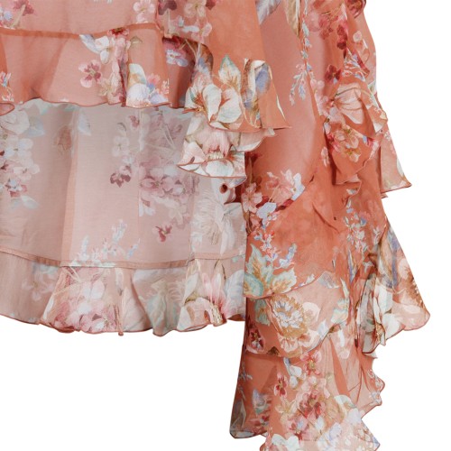 Zimmermann Rust Floral Ruffled Silk Blouse.