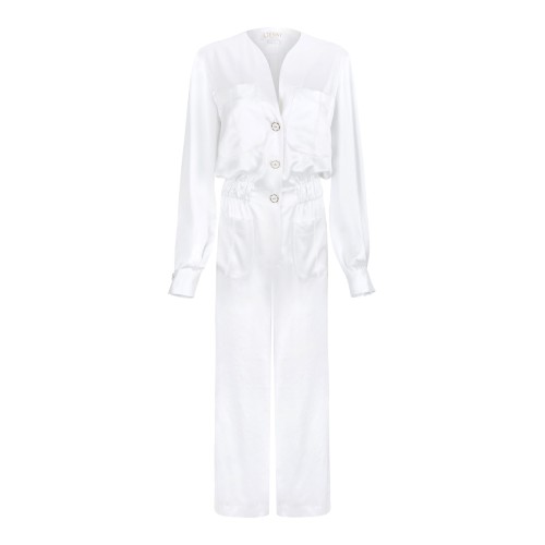 Genny White Satin Utility Jumpsuit.