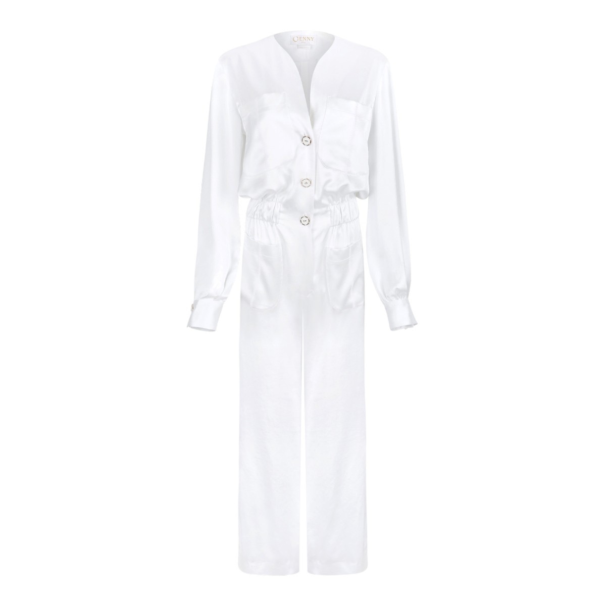 Genny White Satin Utility Jumpsuit.
