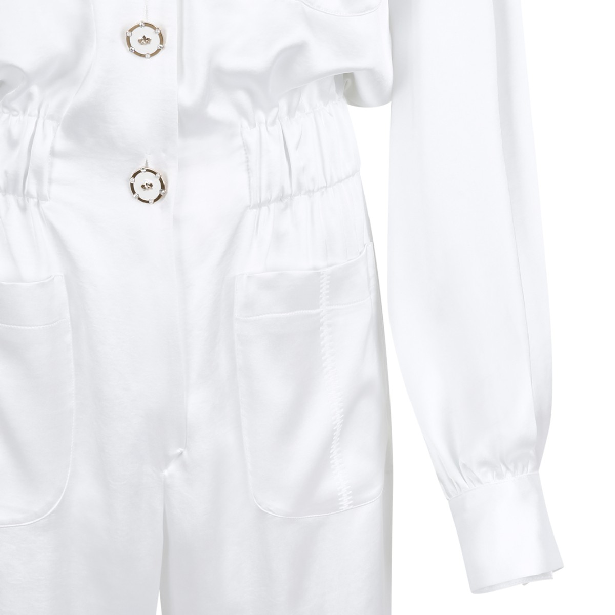 Genny White Satin Utility Jumpsuit.