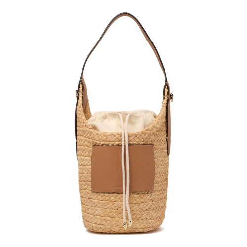 Helen Kaminski Natural Raffia Bucket Bag with Leather Pocket.