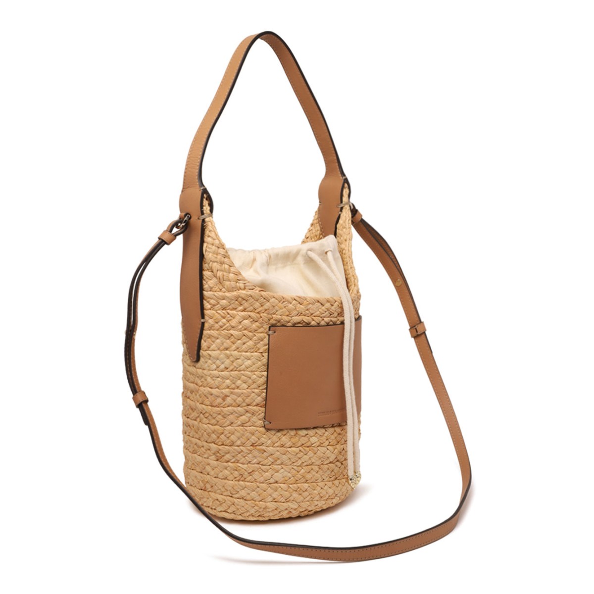 Helen Kaminski Natural Raffia Bucket Bag with Leather Pocket.