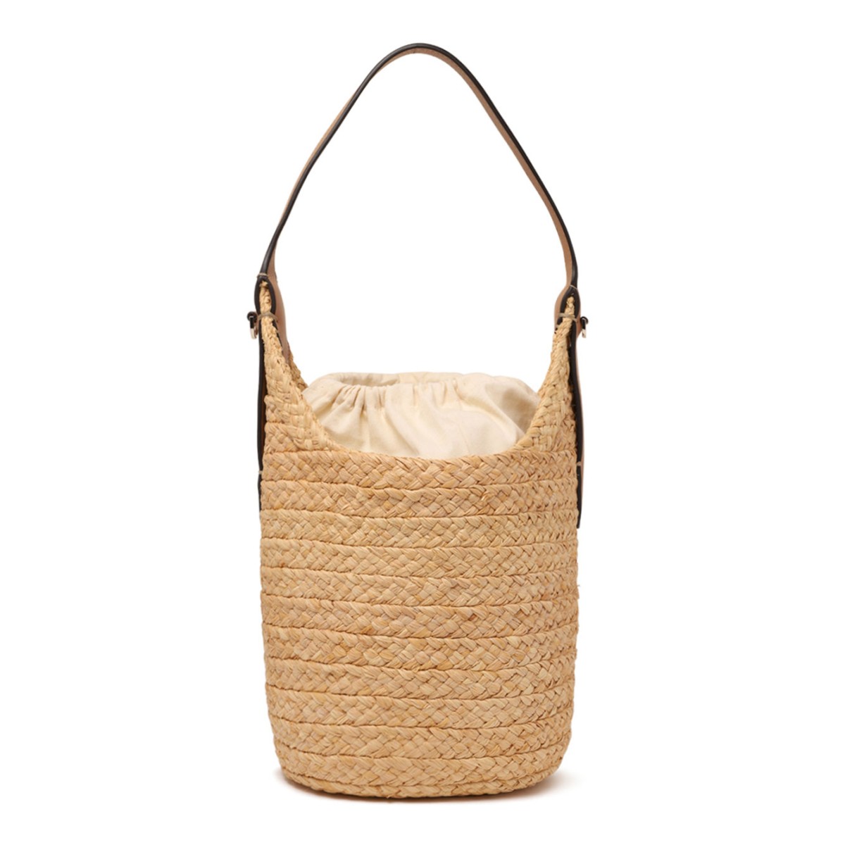 Helen Kaminski Natural Raffia Bucket Bag with Leather Pocket.