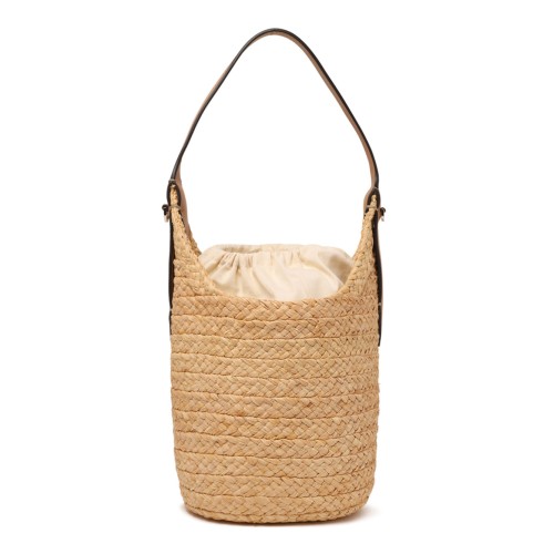 Helen Kaminski Natural Raffia Bucket Bag with Leather Pocket.