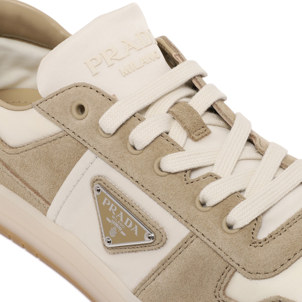 Prada Beige Suede and Leather Low-Top Sneakers.