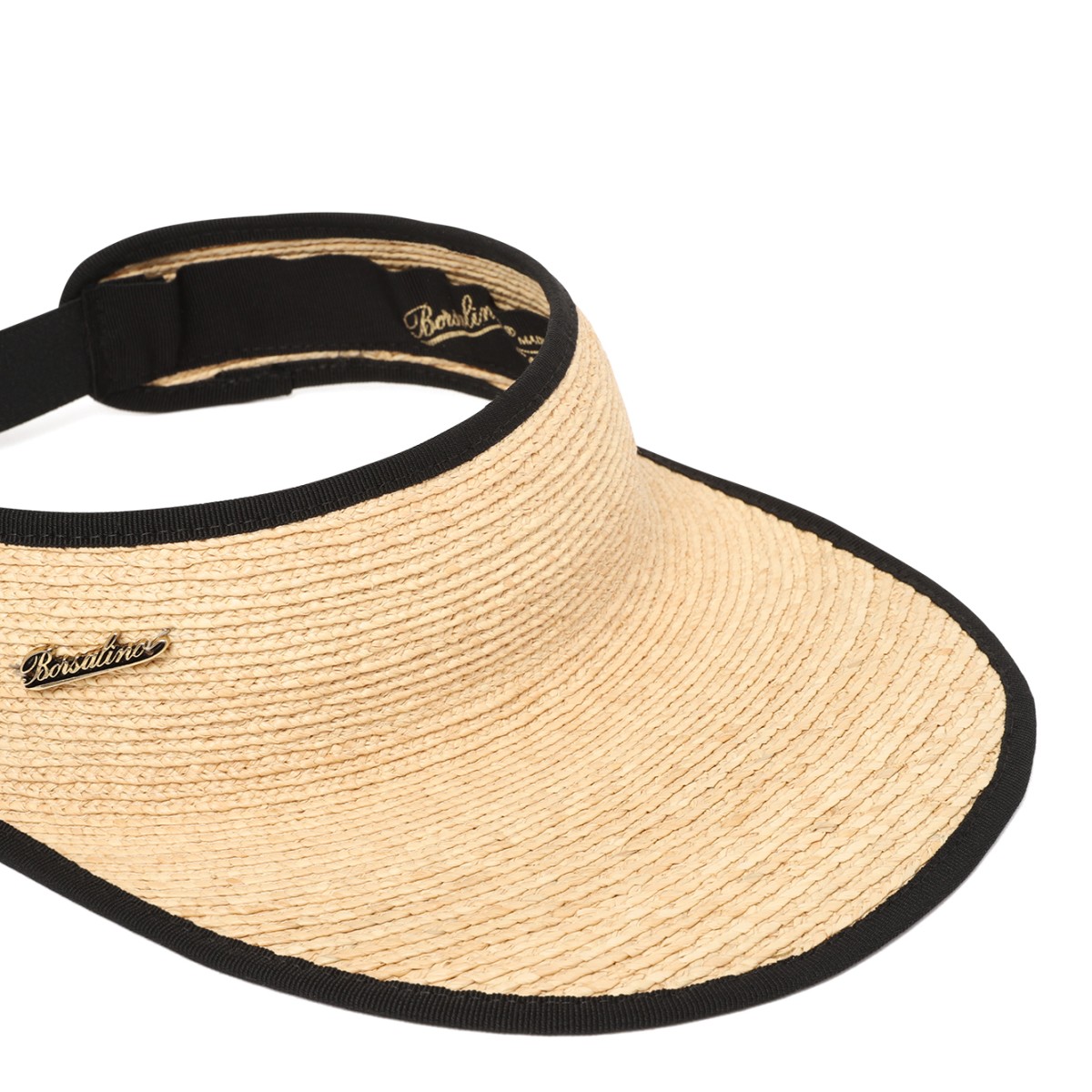 Borsalino Natural Straw Visor Hat with Black Trim.